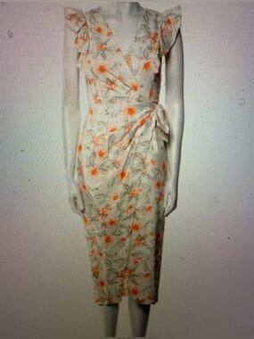 Rebecca Taylor Cream Midi Wrap Dress with Orange Floral Motif